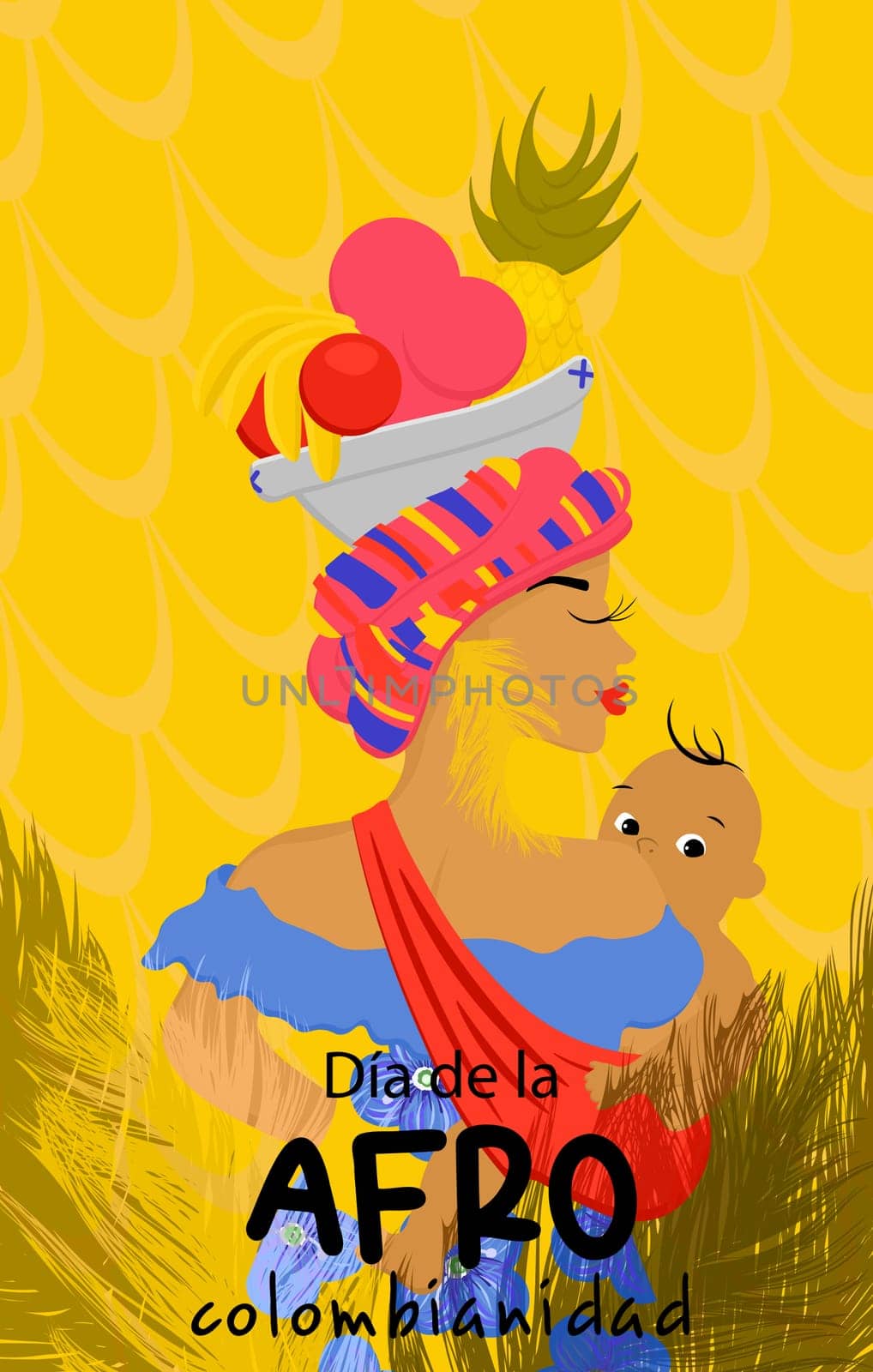 Afro-Colombian Day greeting banner set up in Colombia, colorful flyer In Spanish: Afro-Colombian Day. Colombian woman in folk dress with feathers and fruits on her head.