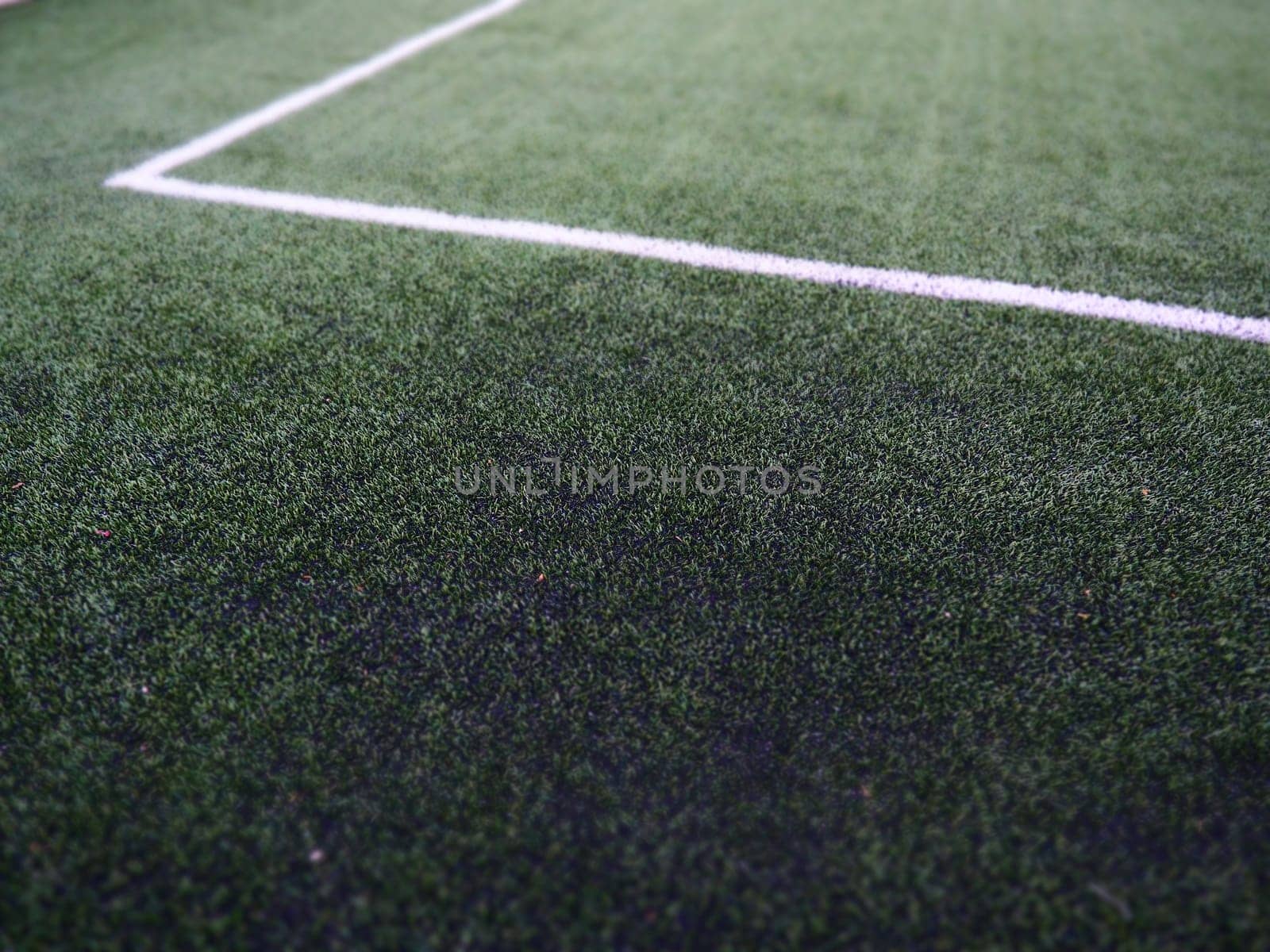 The marking of the football field on the green grass. White lines no more than 12 cm or 5 inches wide. Football field area