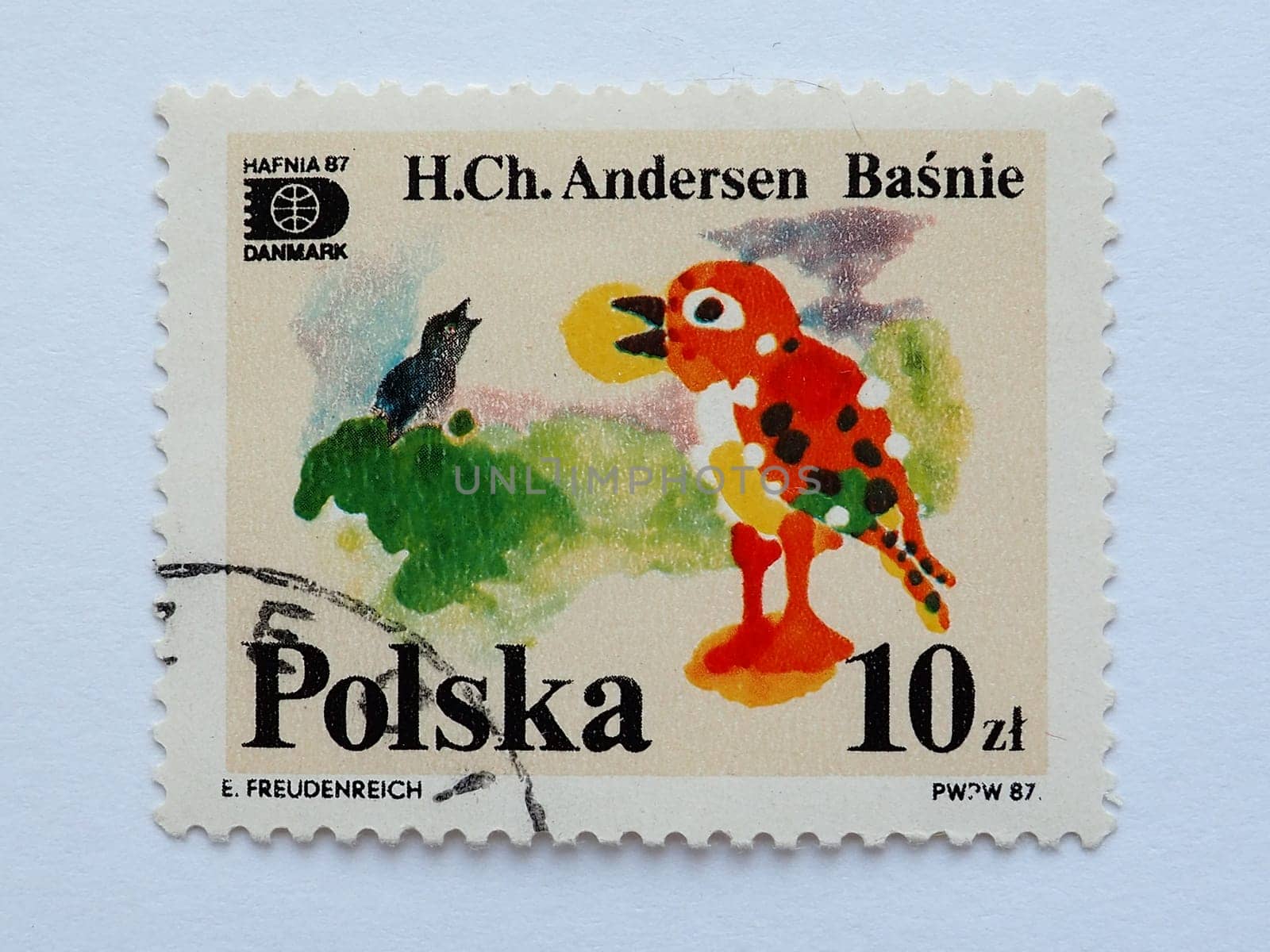 Petrozavodsk, Russia, July 26, 2021 Postage stamp Hans Christian Andersen Tales and fables 10 PLN with postmark E.Freudenreich PWPW 87 HAFNIA 87 Denmark Poland. Nightingale bird folk song.