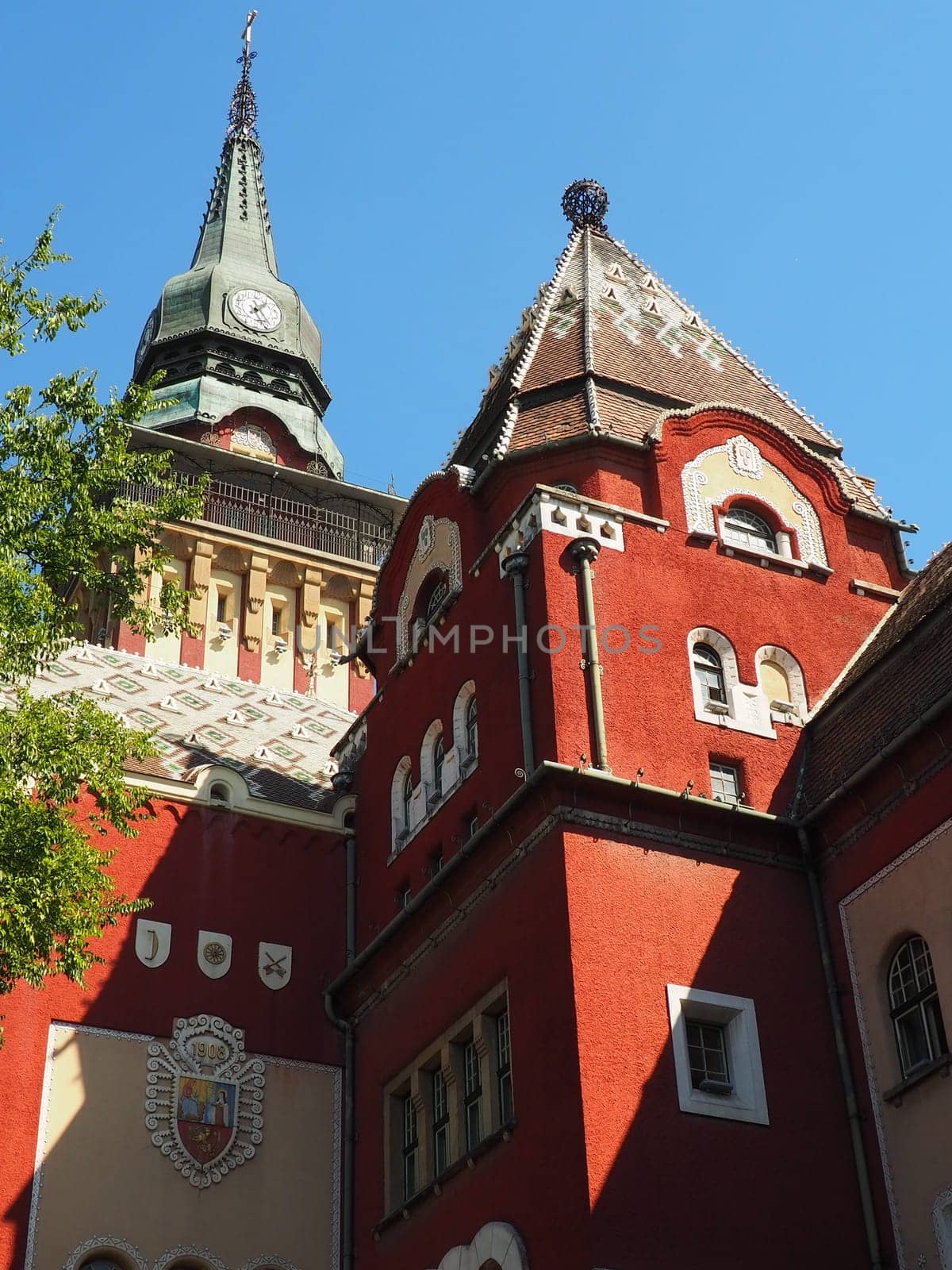 Subotica, Serbia, September 12 2021 City Hall of Subotica szabadka in Hungarian Art Nouveau style, Vojvodina, the former territory of Austria-Hungary. People visit tourist attractions on a summer day