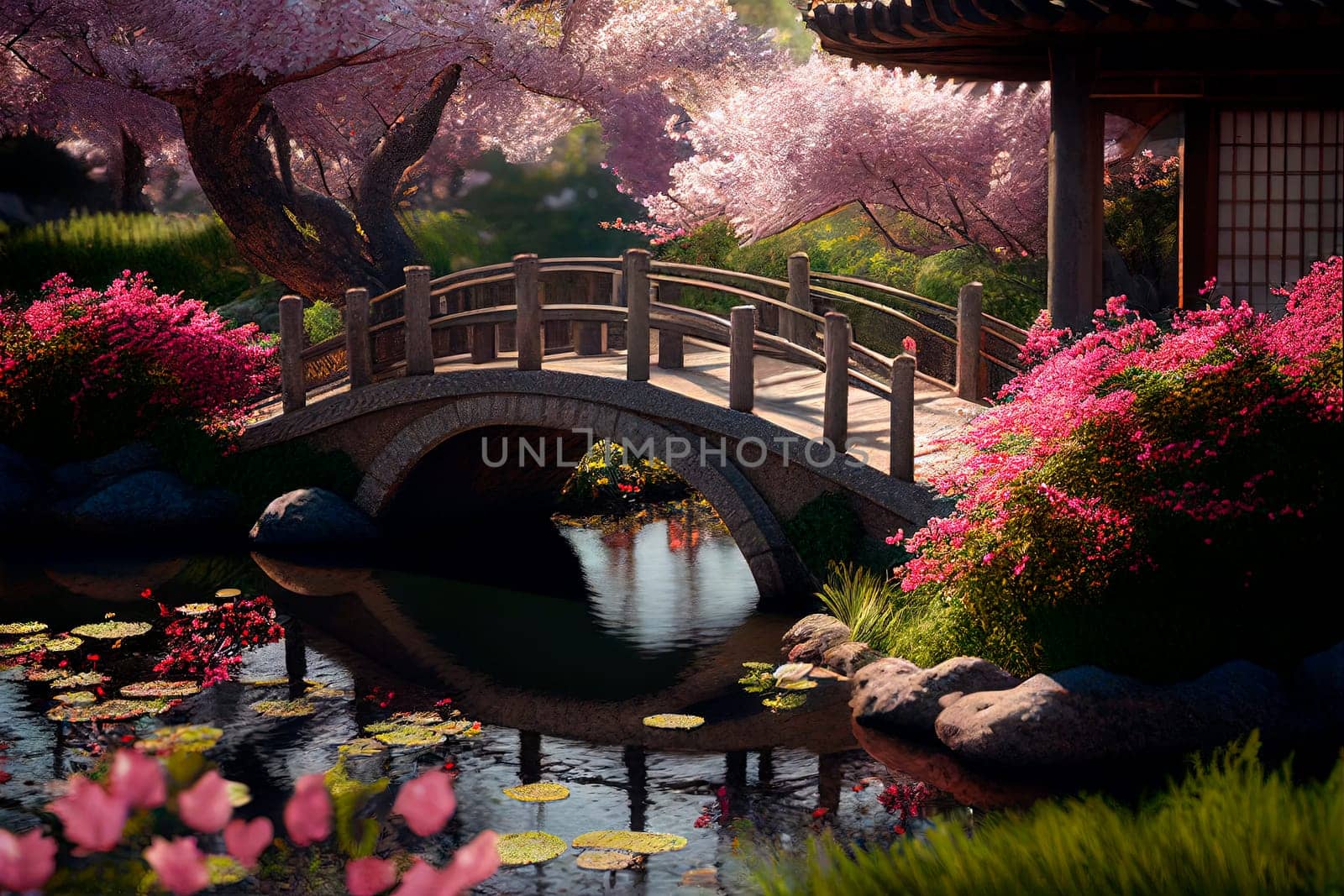 Asian garden with pond, small bridge and sakura trees. Cherry blossom in park in spring season. Peaceful traditional japanese landscape.