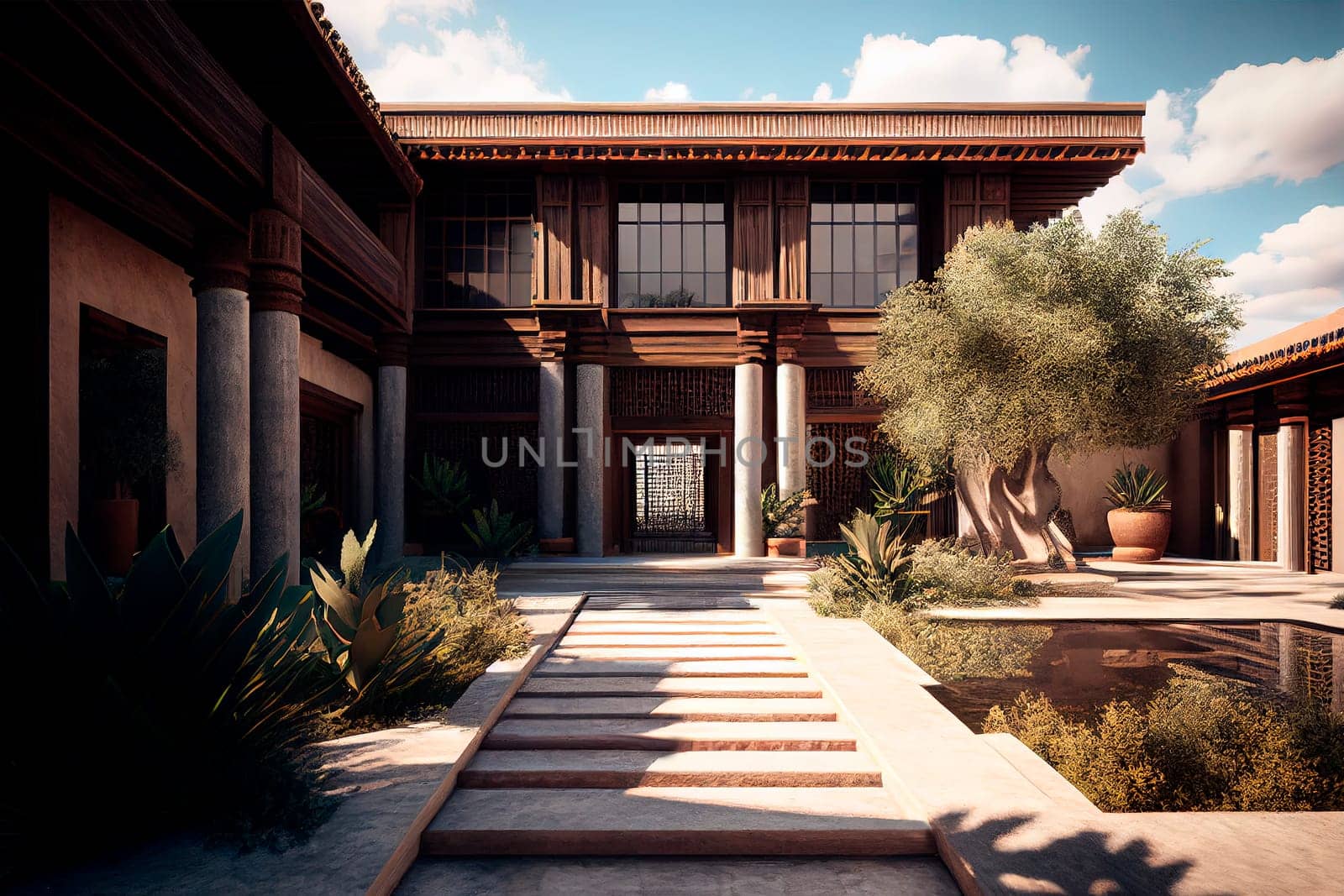 .Luxury modern villa with patio and pool area in front. Desert architecture design with minimal neutral aesthetic.