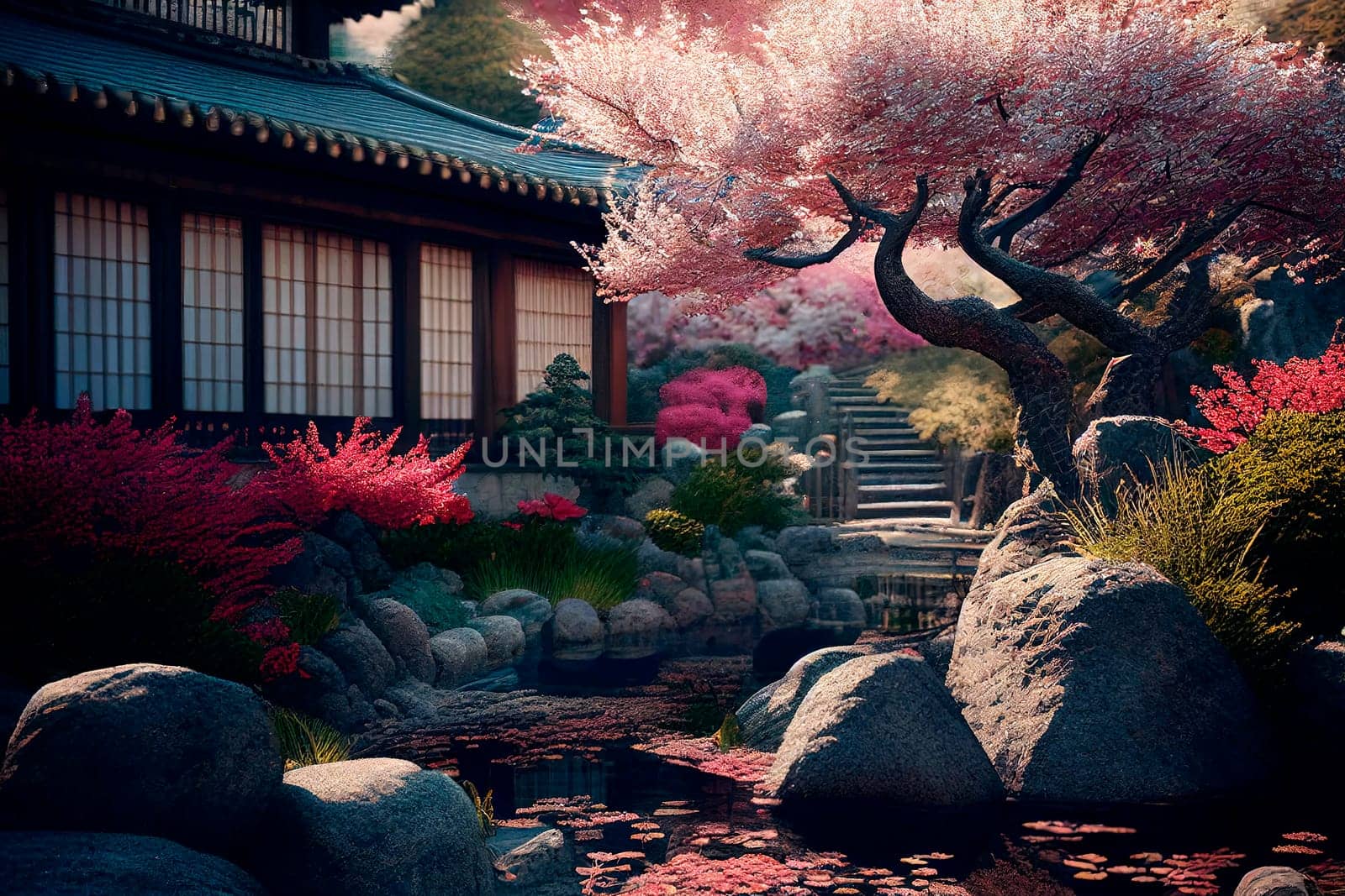 Asian garden with pagoda and sakura trees. Cherry blossom in park in spring season. Peaceful traditional japanese landscape