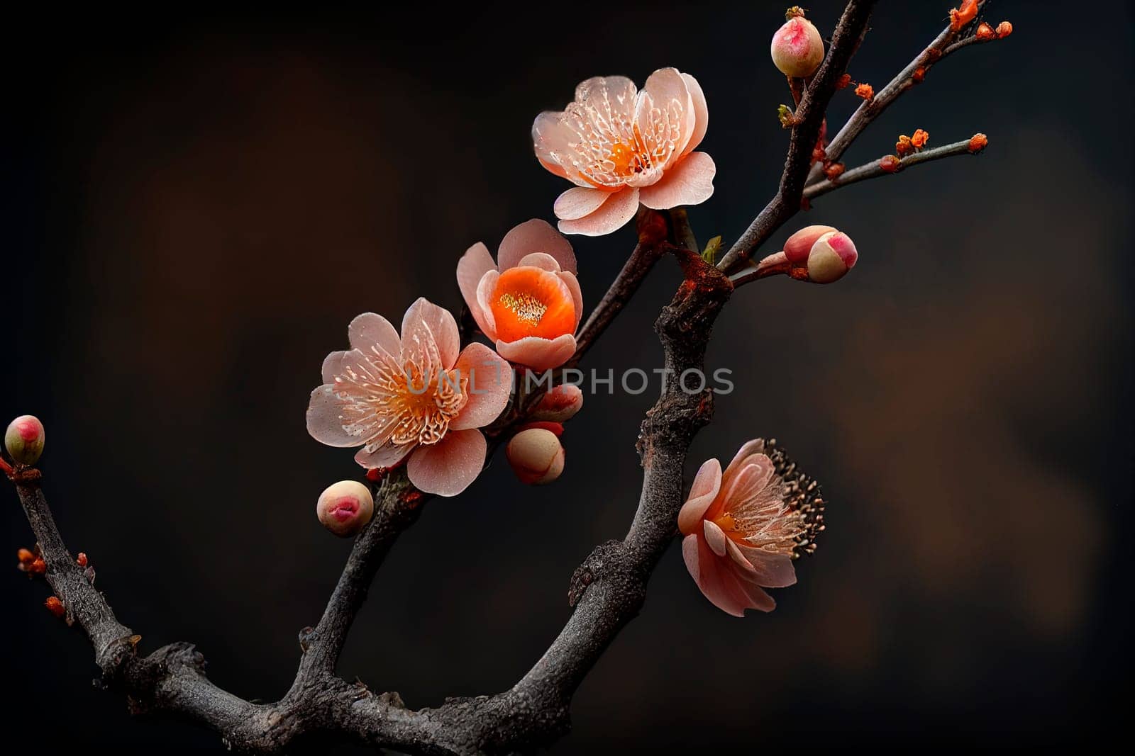 Closeup of spring blossom flower on dark bokeh background. Macro cherry blossom tree branch.