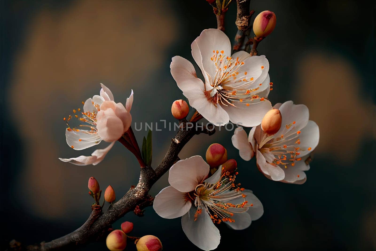 Closeup of spring apricot blossom flower on dark bokeh background..