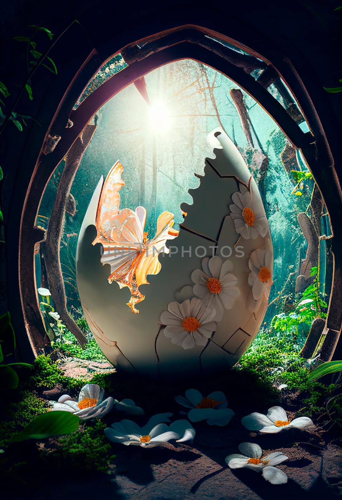.Fantasy Easter scene with broken easter egg shell and flower daisy in dreamy surreal garden.