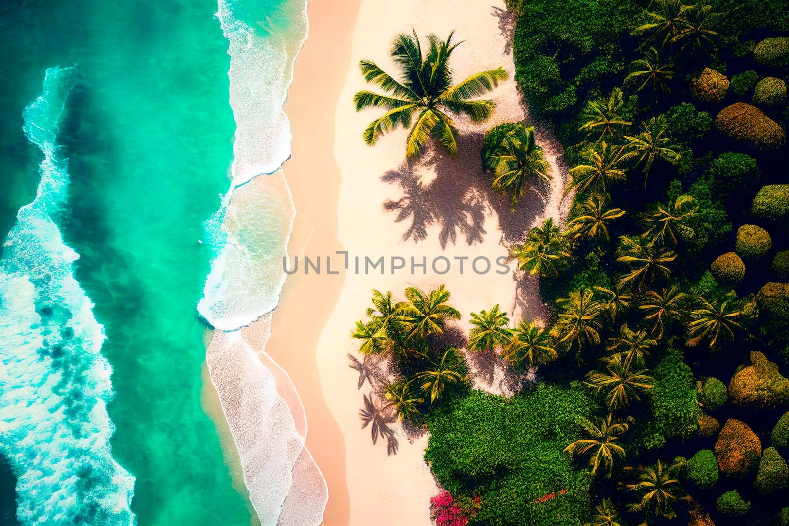 .Drone view of tropical sand beach with palm trees and sea waves landscape. Tropic island from above wallpaper background. Summer holiday travel concept.