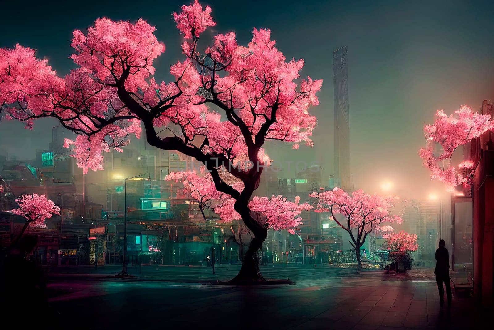 Futuristic city with neon lights and abstract sakura trees. Modern fantasy japanese cityscape background..