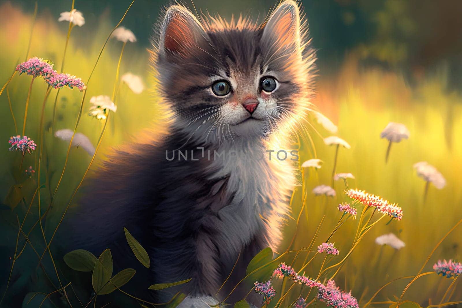 Cute little kitten in green meadow. Portrait of adorable kitty sitting in grass with sunlight.