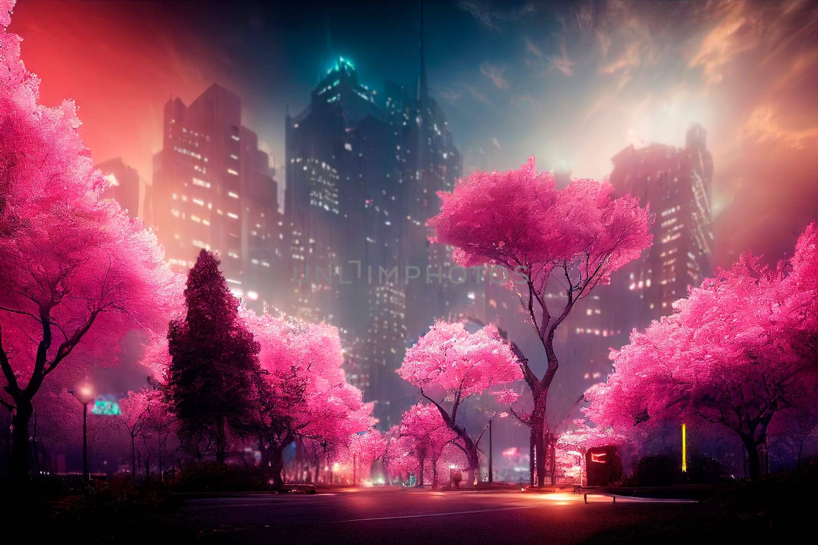 Futuristic city with neon lights and abstract sakura trees. Modern fantasy japanese cityscape background..
