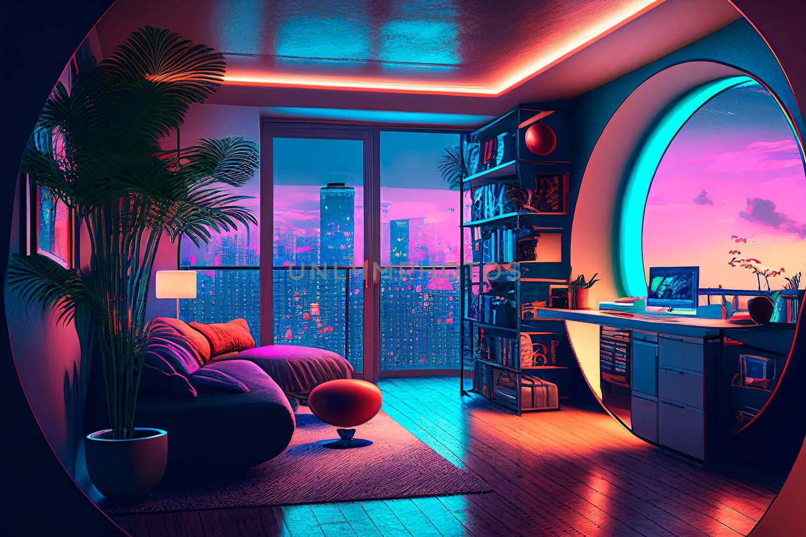 Futuristic interior room with open view in residential building. Modern cyberpunk apartment livingroom with neon lighting..