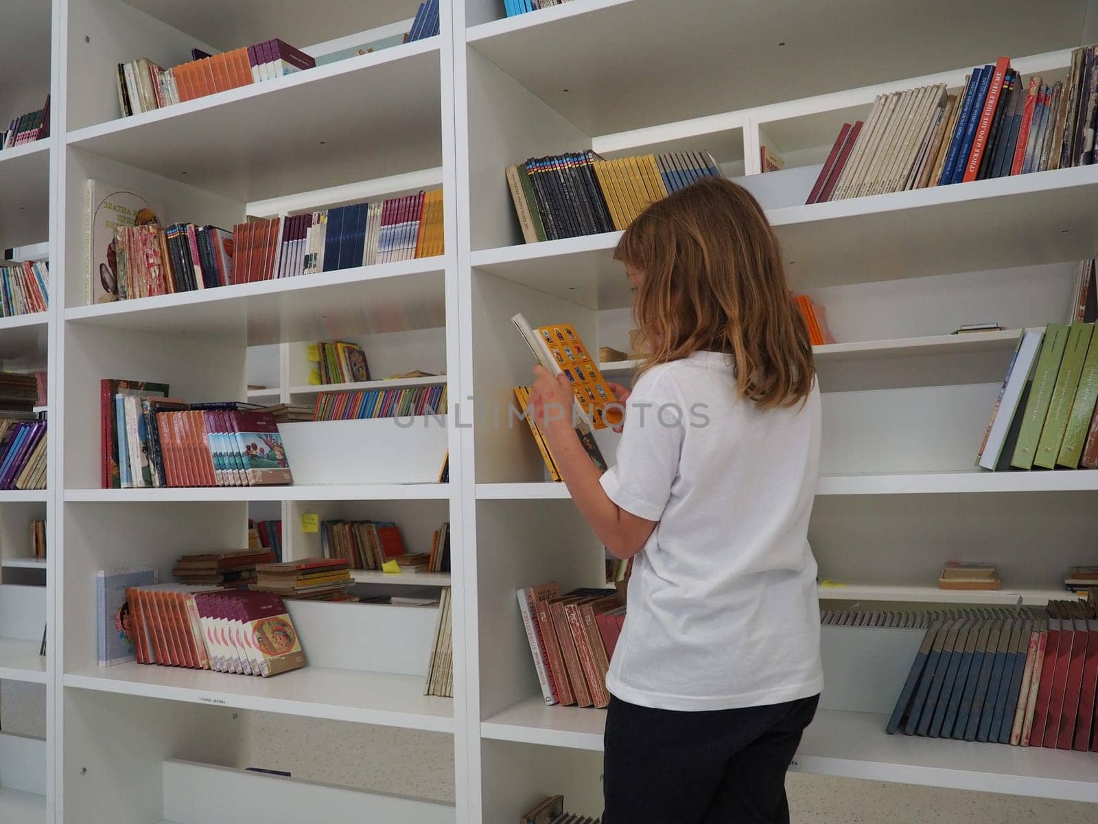 Sremska Mitrovica, Serbia May 15, 2021. A 7-year-old girl in a white T-shirt stands near the bookshelf in the library and reads a book. School education. Love for literature and reading.