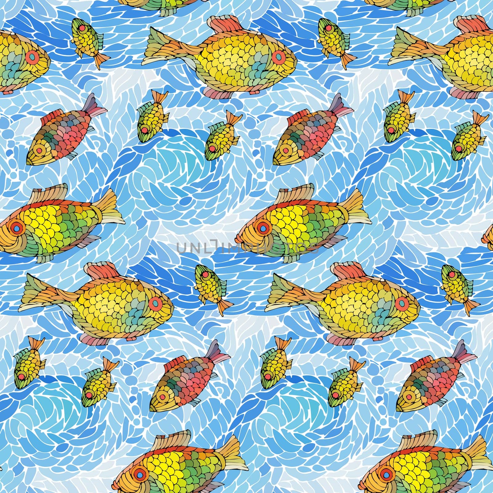 Seamless pattern of waves and fish.Vector illustration.