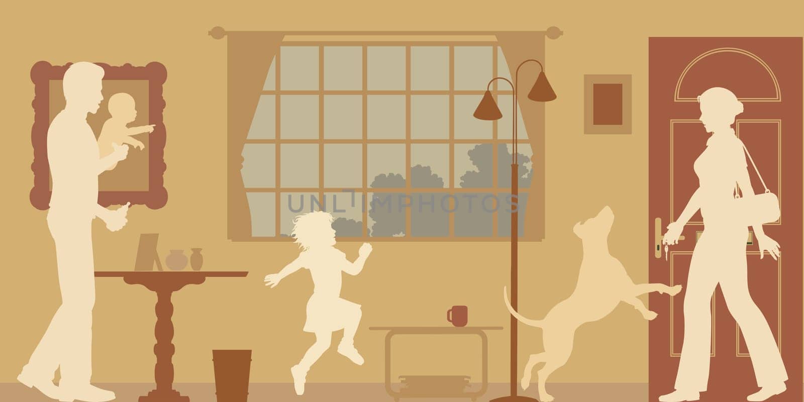 Editable vector silhouettes of a woman welcomed home by husband, children and dog