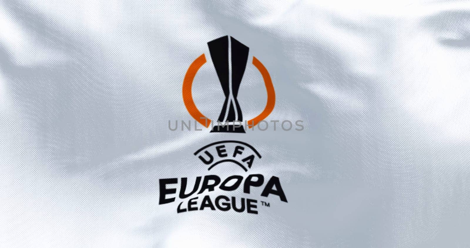 Budapest HU, march 2023: Close-up of the UEFA Europa League flag fluttering. Europa League is an annual football club competition for european clubs. Illustrative editorial 3D illustration render