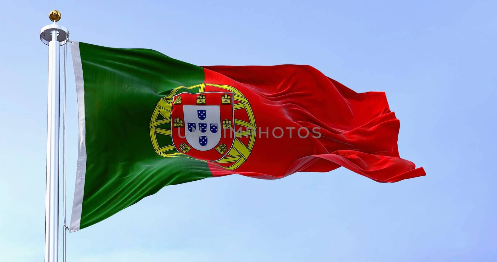 Portugal national flag waving in the wind on a clear day. Portuguese Republic is a Member State of the European Union. 3d illustration render. Rippled textile