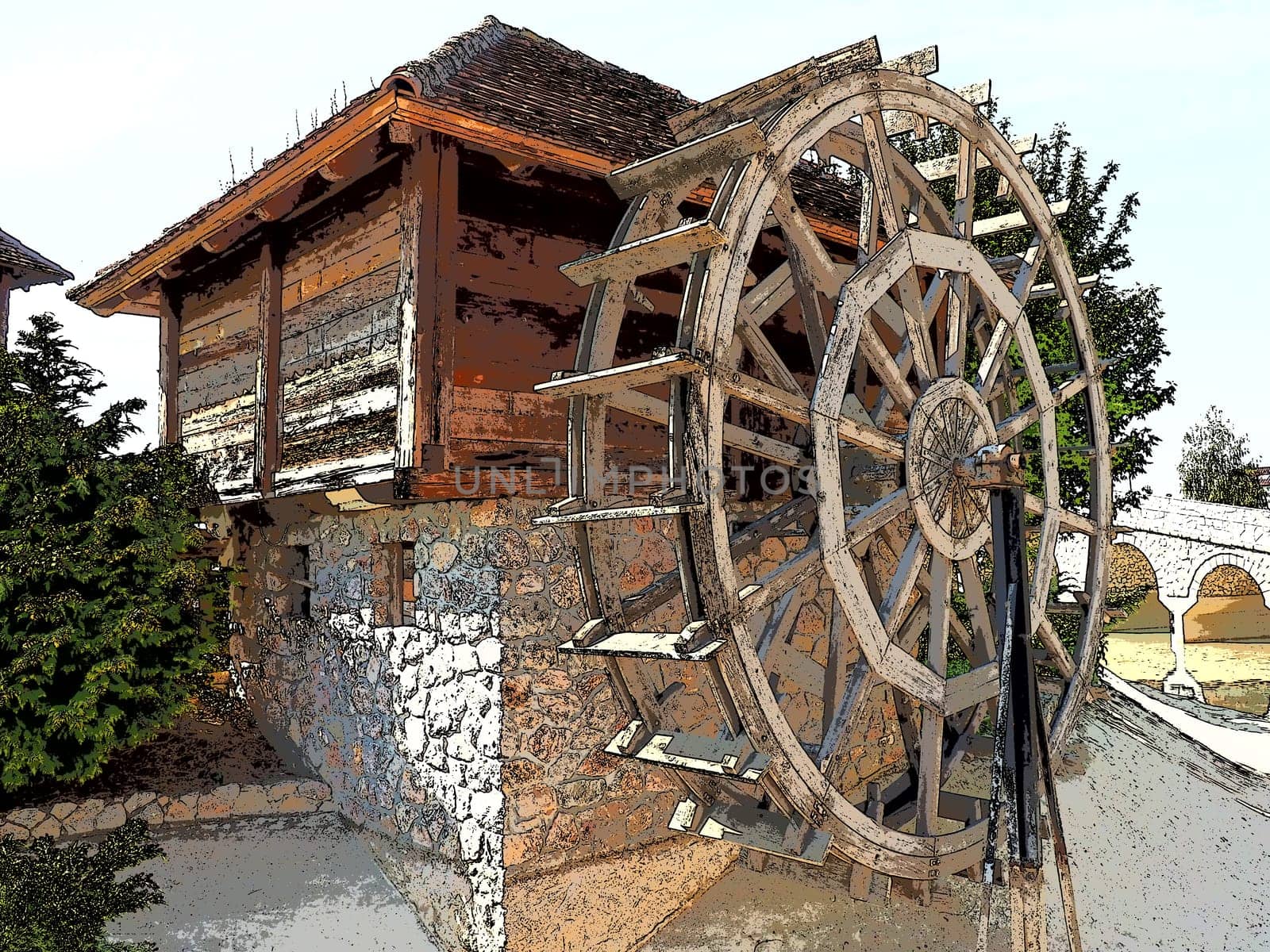 Wooden water mill. A hydraulic structure using hydropower from a water wheel. Useful work by means of a gear train.