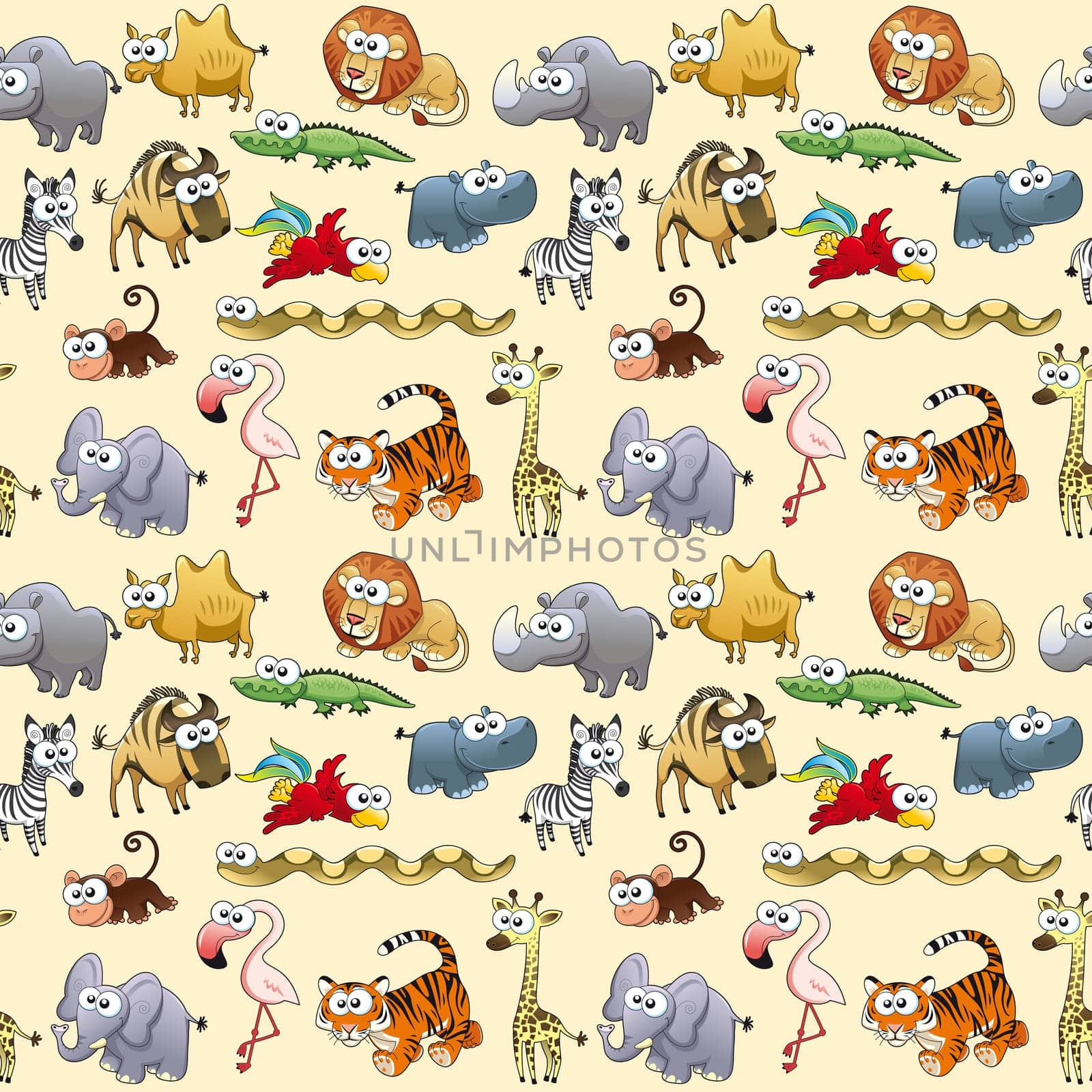 Savannah animals with background. The sides repeat seamlessly for a possible packaging or graphic