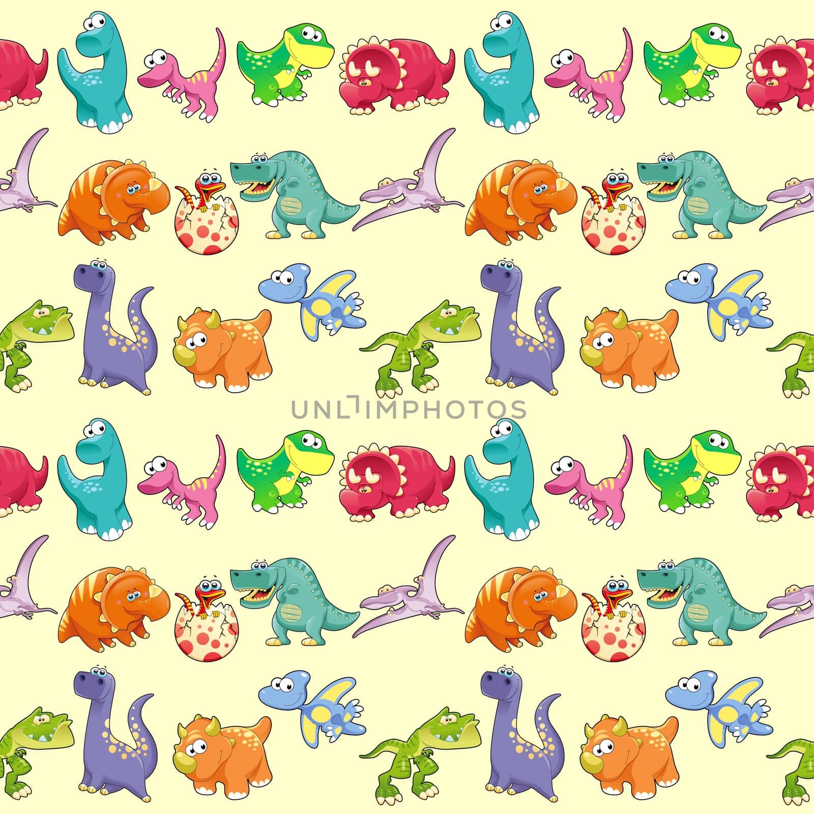Group of funny dinosaurs with background. The sides repeat seamlessly for a possible packaging or graphic