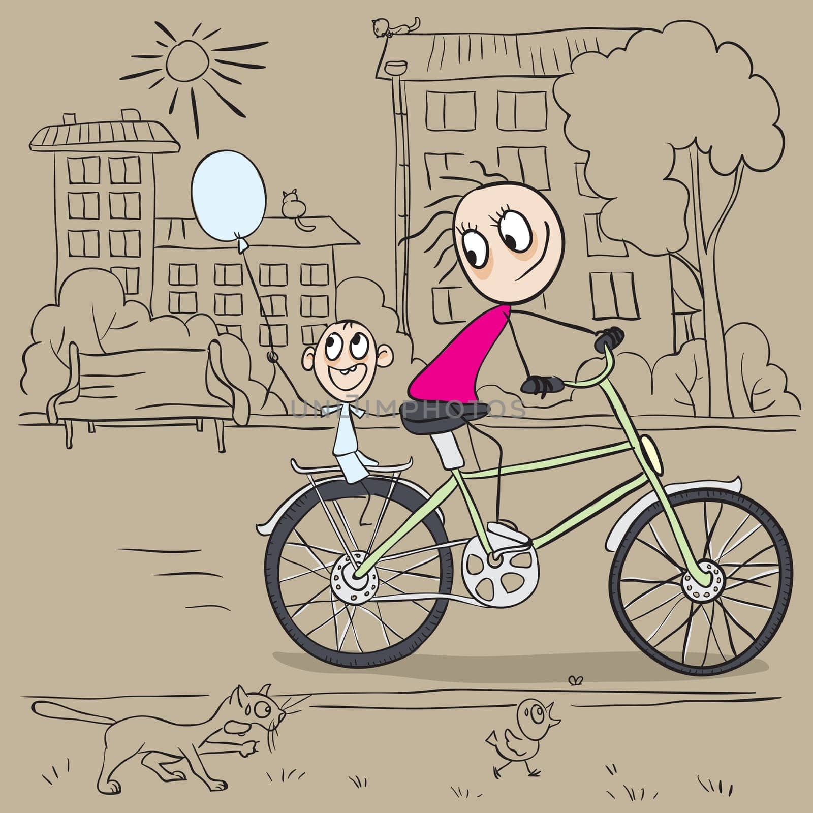 Mother and child riding a bicycle. Vector cartoon illustration