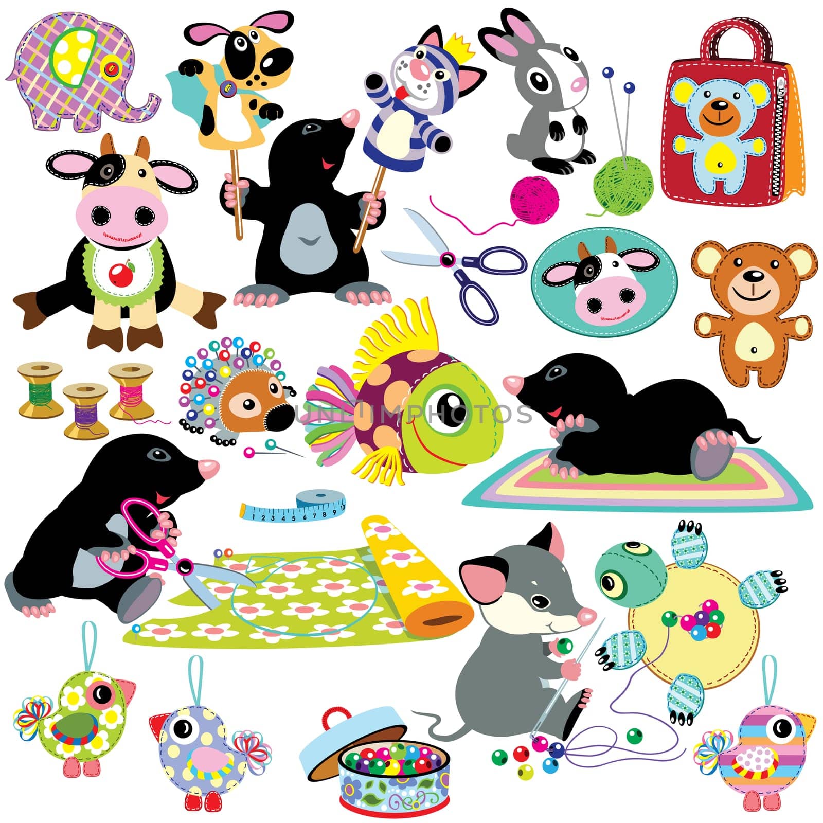 set with cartoon mole and mouse sewing toys, handmade crafts for babies and little kids