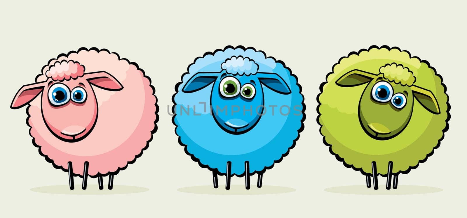 Three cartoon funny sheeps with big blue eyes.