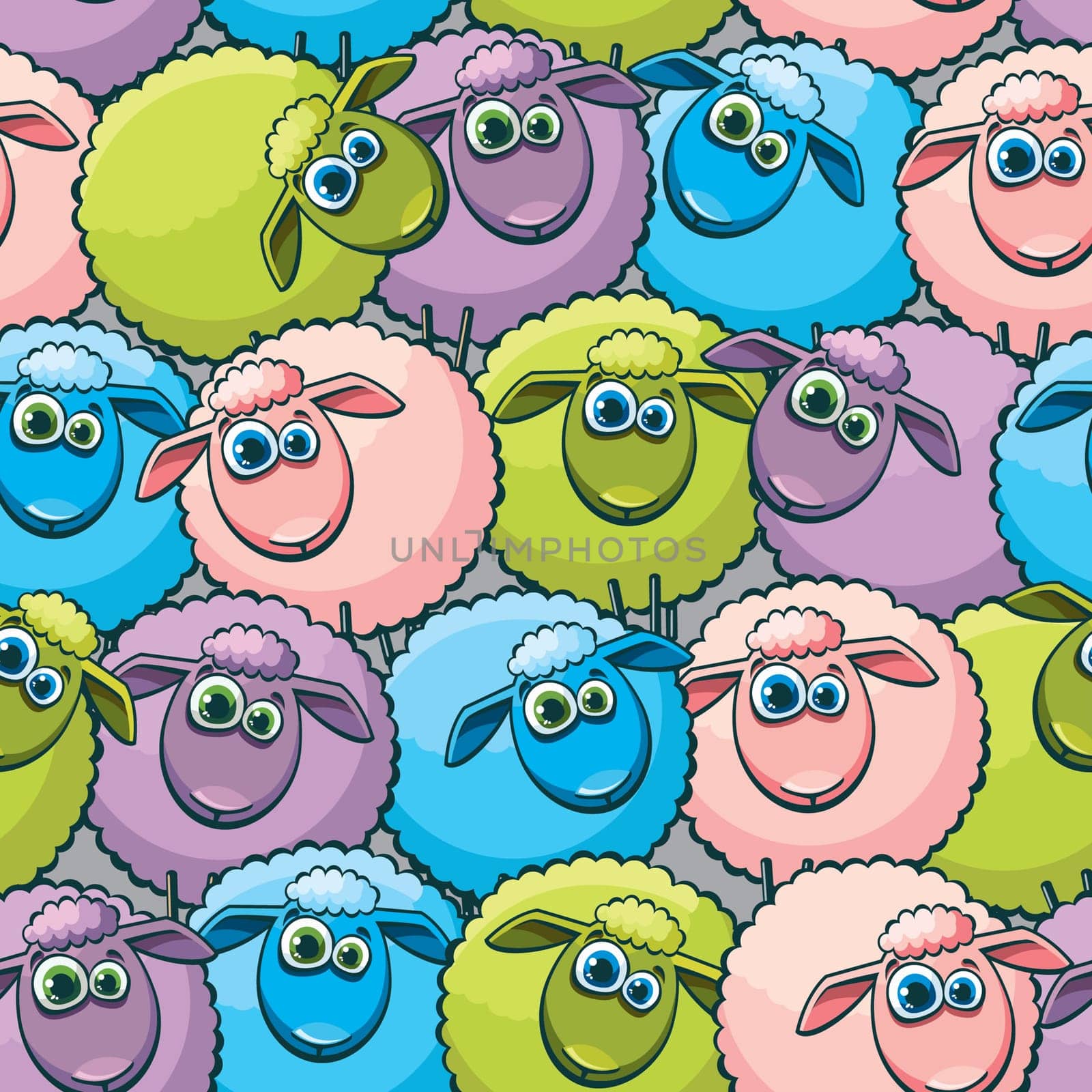 Seamless pattern with cartoon funny sheeps. Childish vector wallpaper.