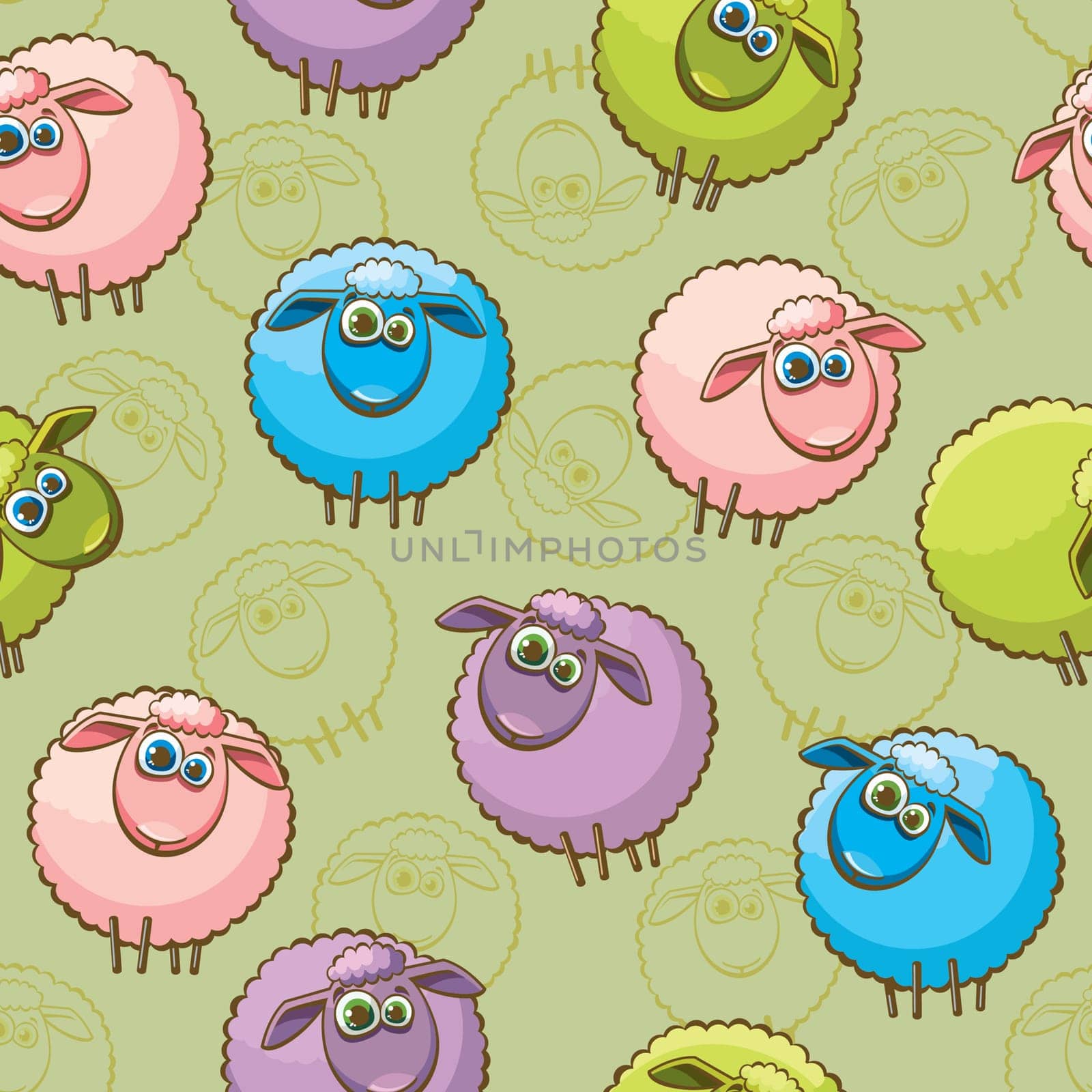 Cartoon wallpaper with funny sheeps on a green background. Animal seamless pattern.