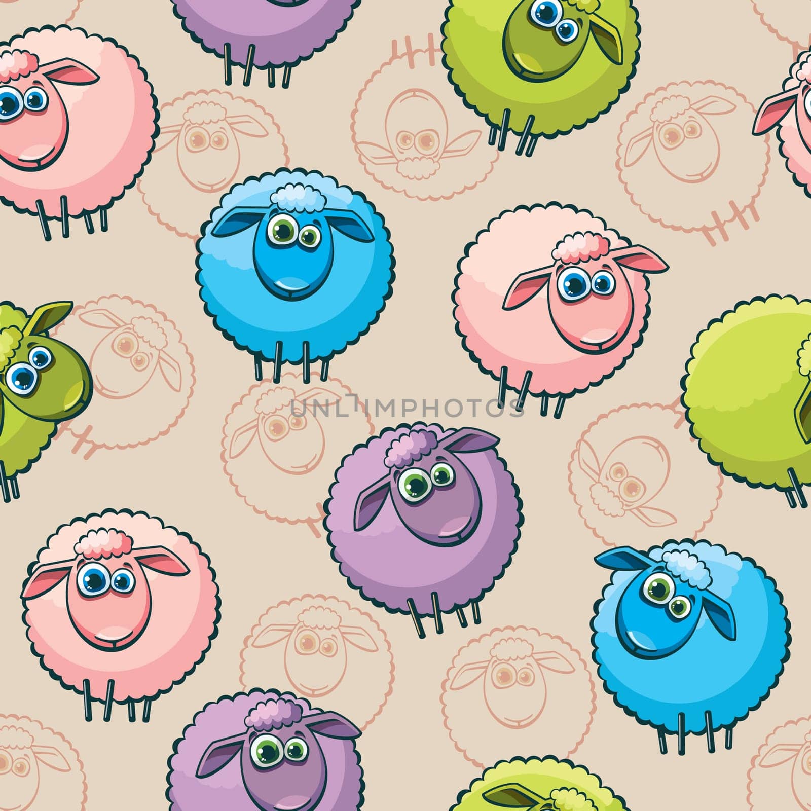 Cartoon seamless pattern with funny sheeps. Vector wallpaper.
