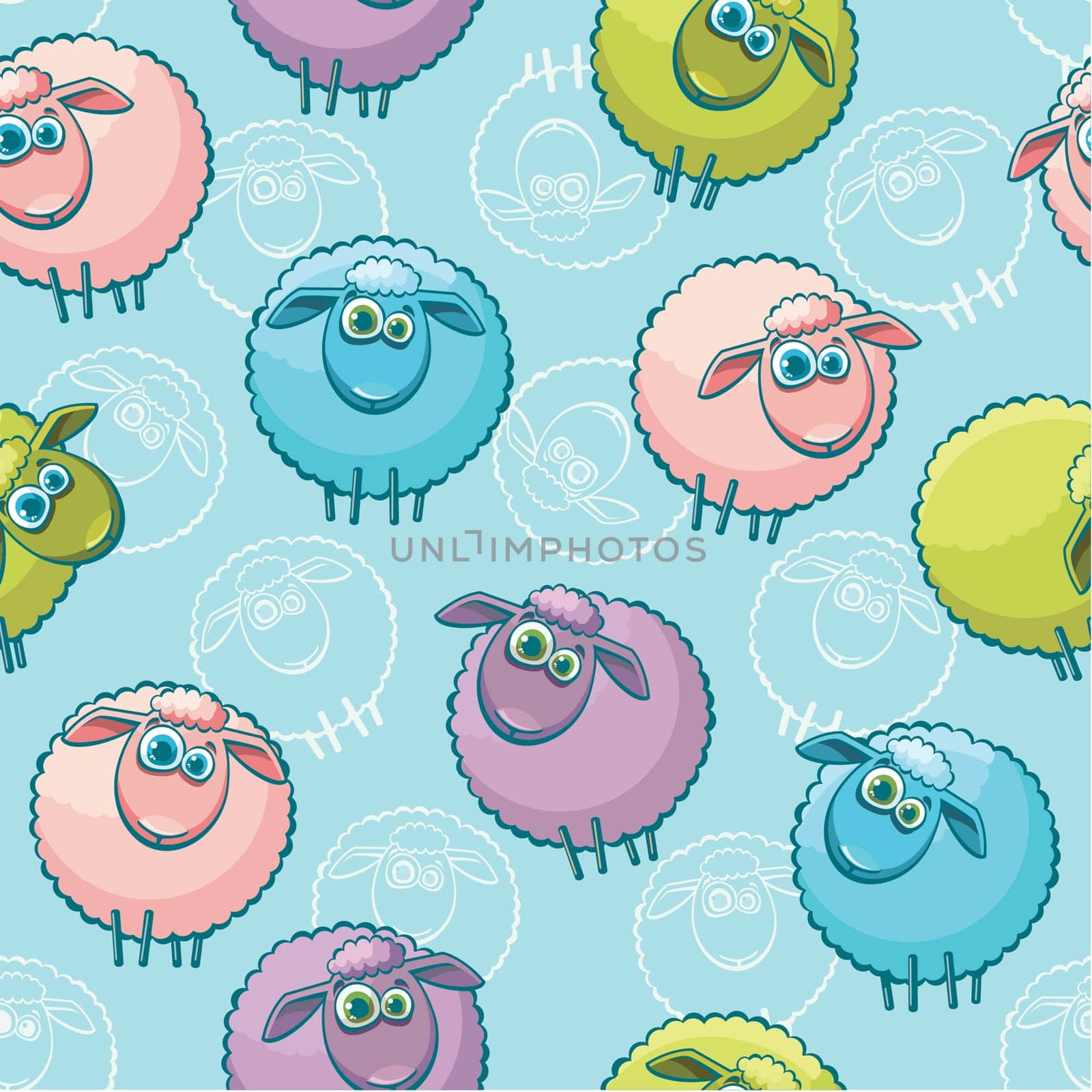 Seamless pattern with cartoon funny sheeps. Childish vector wallpaper.