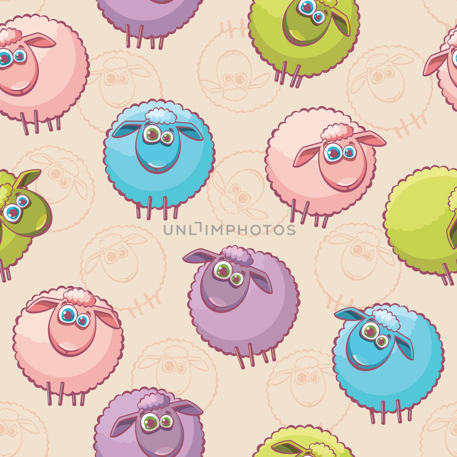 Seamless pattern with cartoon funny sheeps. Childish vector wallpaper.
