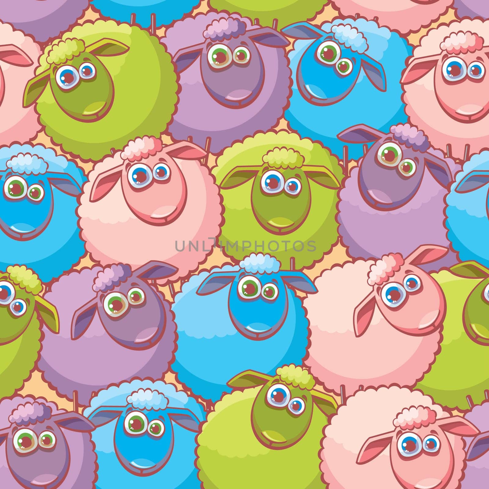 Childish wallpaper with cartoon funny sheeps. Vector seamless pattern.