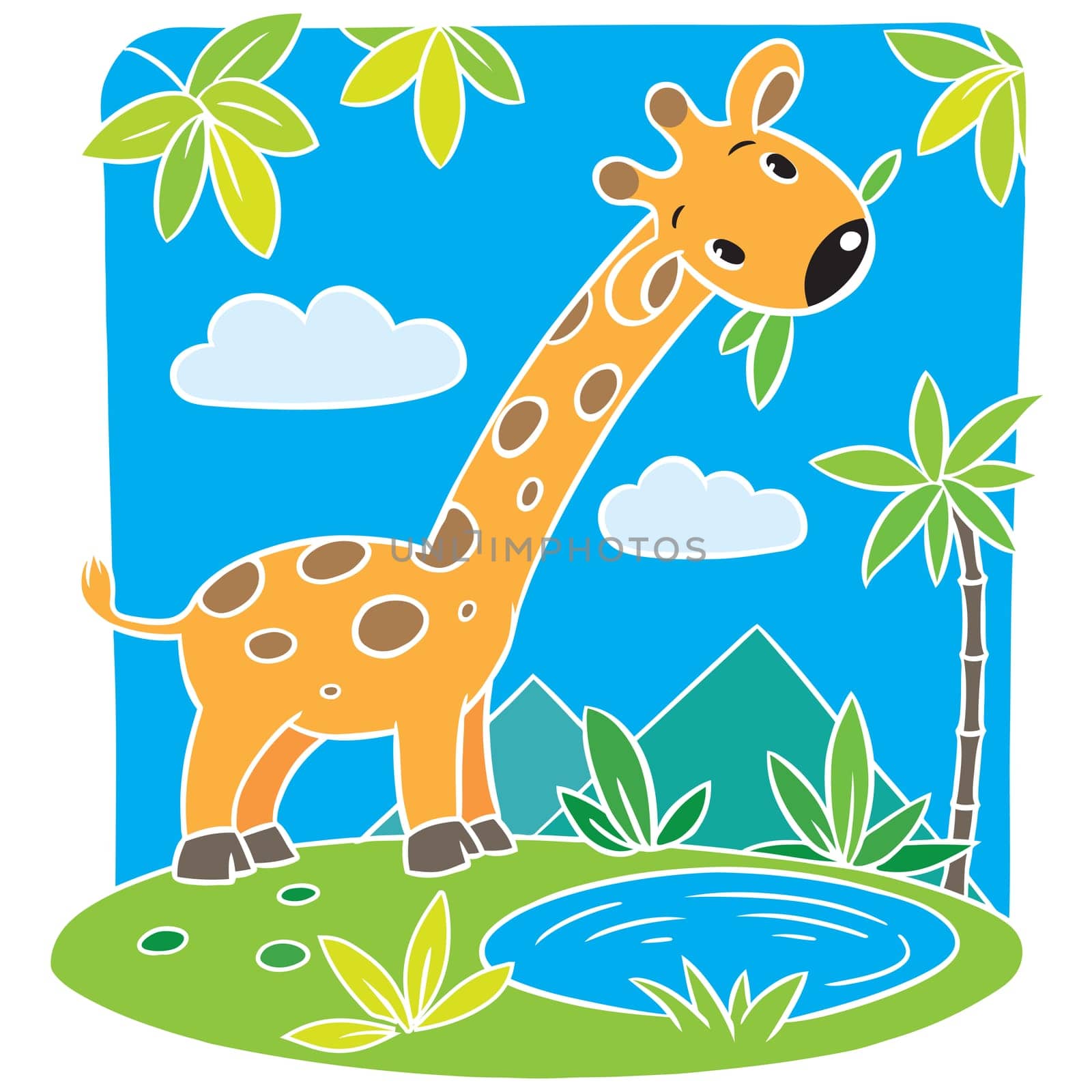 Funny giraffe eat green leafs. Children vector illustration.