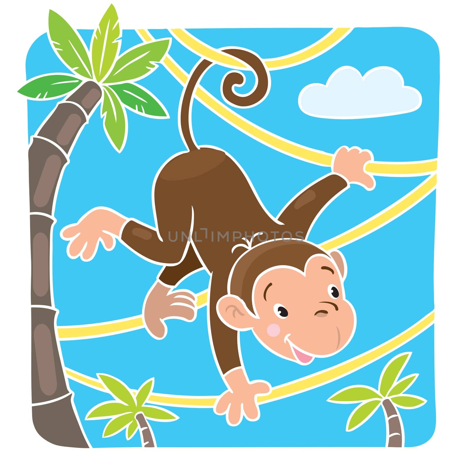 Vector cartoon character of little funny monkey on lians near the palm. Children illustration