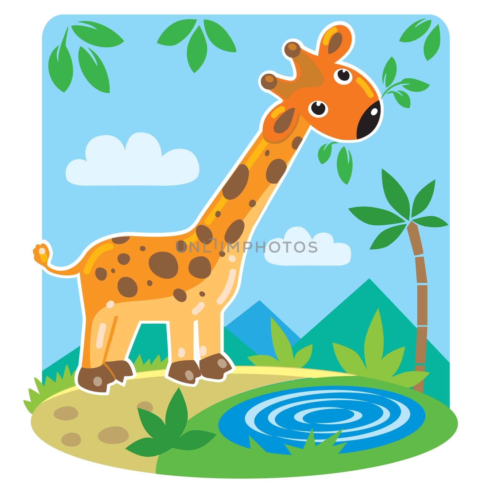 Funny giraffe eat green leafs. Children illustration