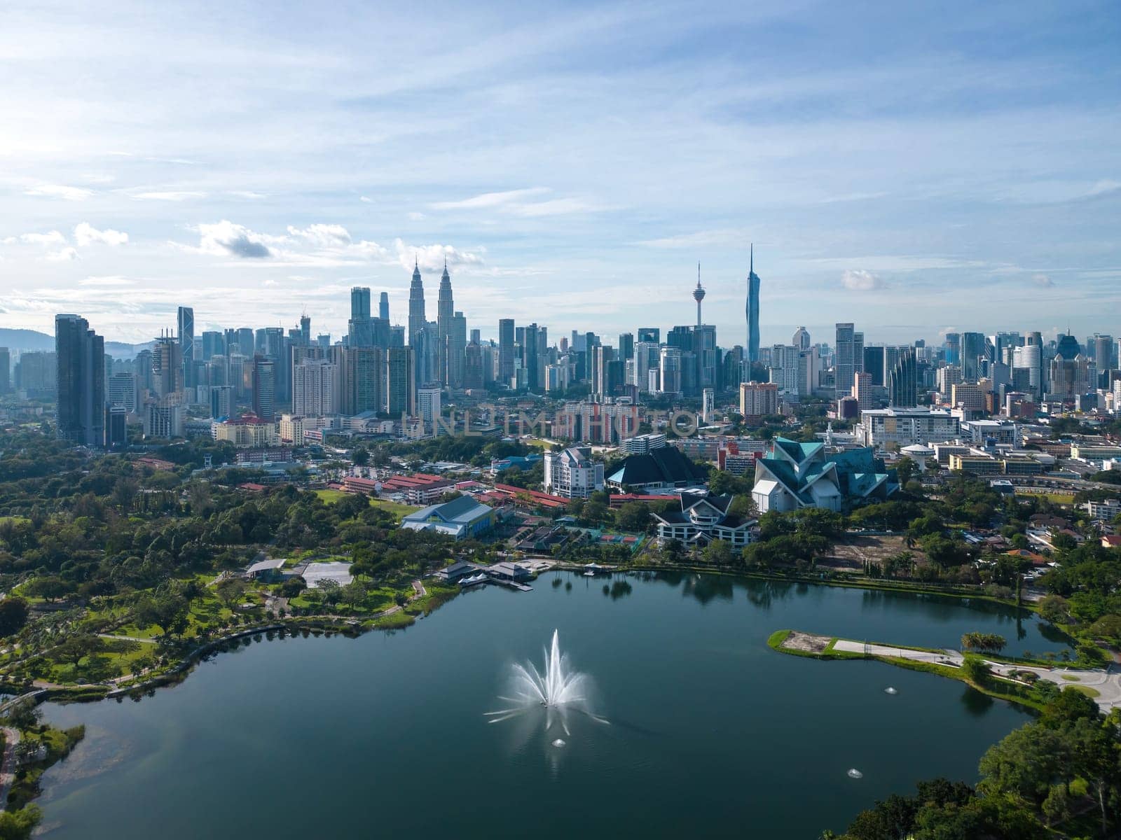 Aerial view natural Titiwangsa Lake with background of KL skyscraper