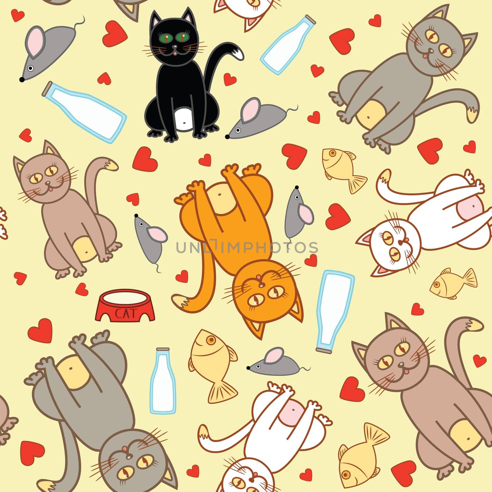 funny cat seamless pattern on yellow background