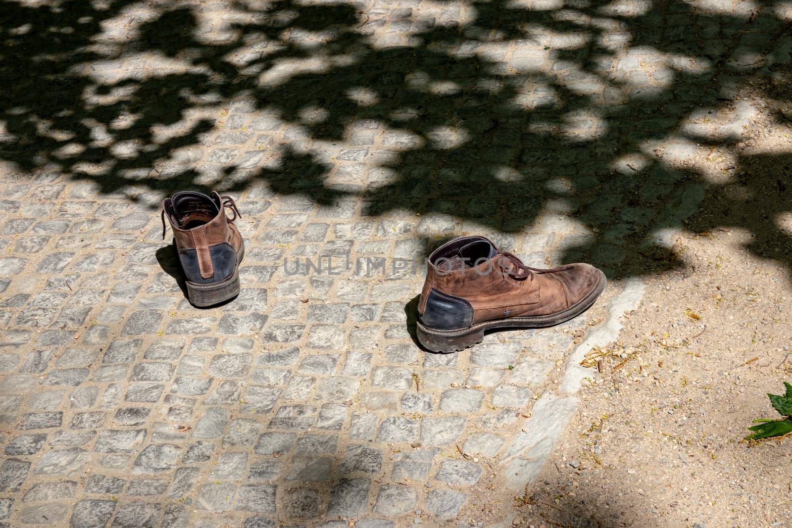 A pair of old worn brown walking shoes left behind on the path. Abandoned shoes on the way.