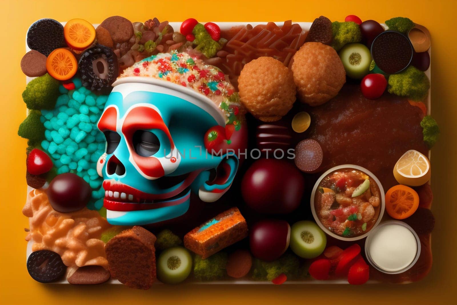the anatomy of a zoombie head made of junk food