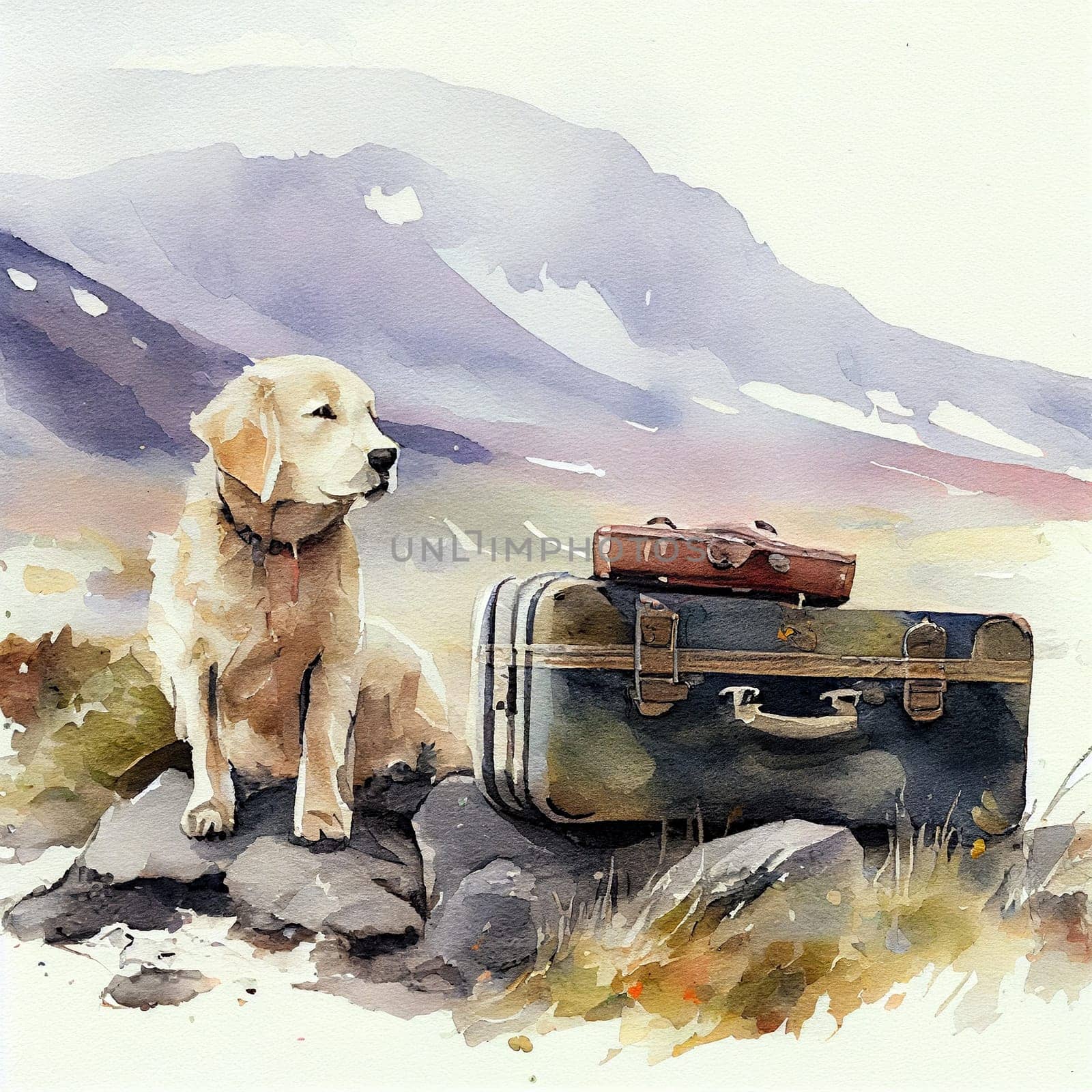Dog with a suitcase traveling in the mountains, summer holiday, adventure and wanderlust concept, generative AI