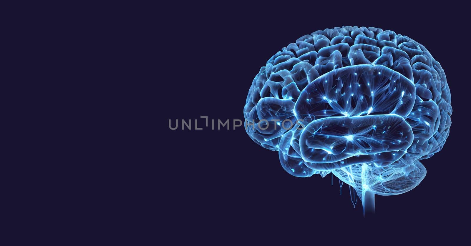 Human brain with blue glowing light, brainstorming for ideas, neurology and science, x-ray of mind, generative AI