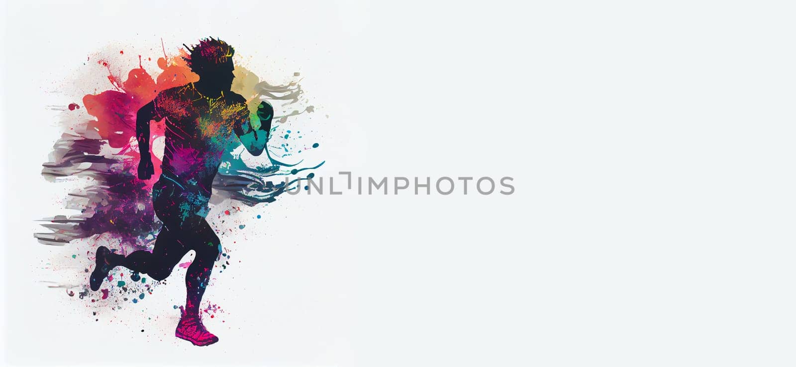Athlete with colorful splashes is running with high speed, fitness and sport concept, watercolors, generative AI