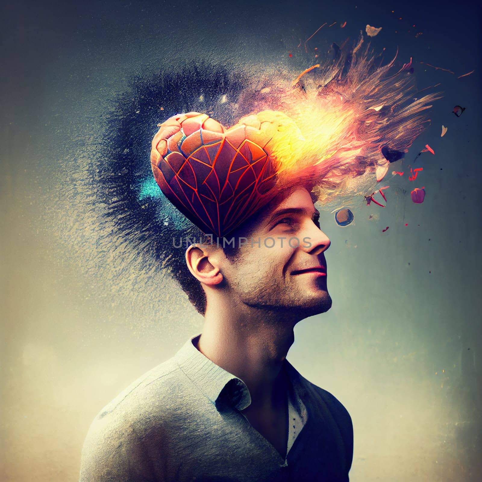 Brain of young man with heart splash, love and passion, self esteem and mental health care concept, positive thinking, creative mind, generative AI