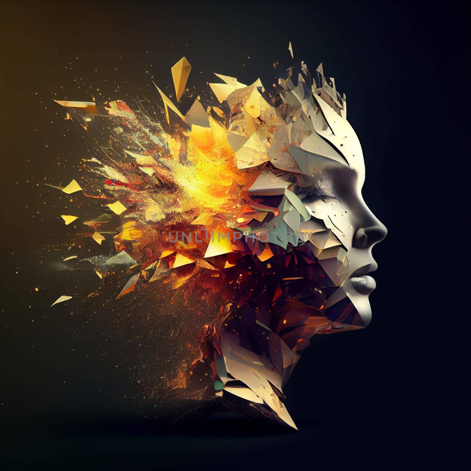Mind sparkling ideas, creative brain with golden light splitters, brainstorming for innovation, inner world and spirituality, generative AI