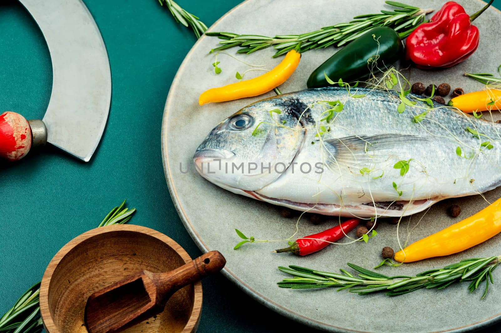 Uncooked dorado fish with ingredients for cooking. Top view