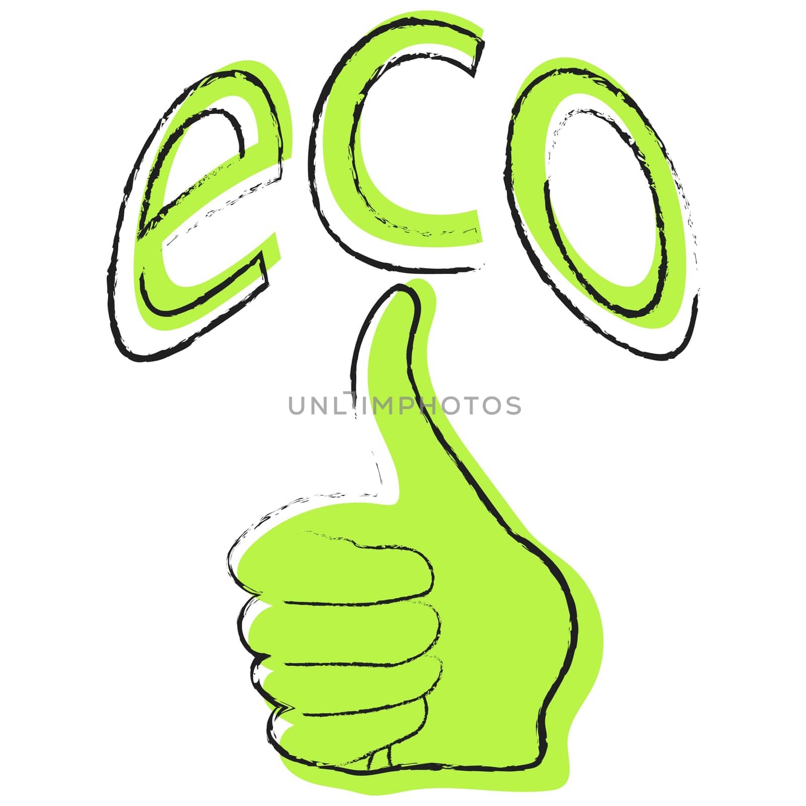 Hand with thumb up and inscription eco. Symbol, icon of ecology. Ecology concept. Vector image.