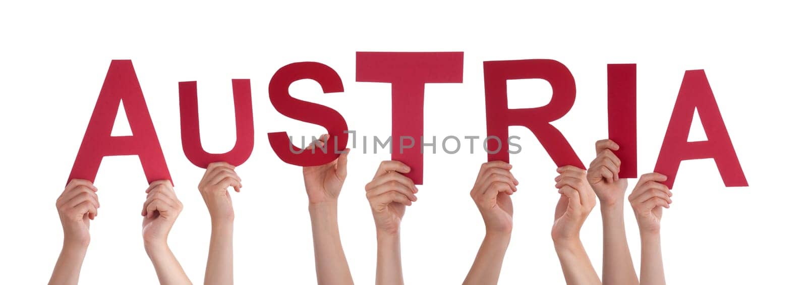 People Or Persons Hands Building English Word Austria. Isolated White Background.