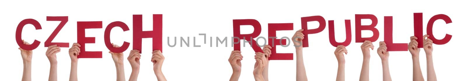 People Or Persons Hands Building English Word Czech Republic. Isolated White Background.