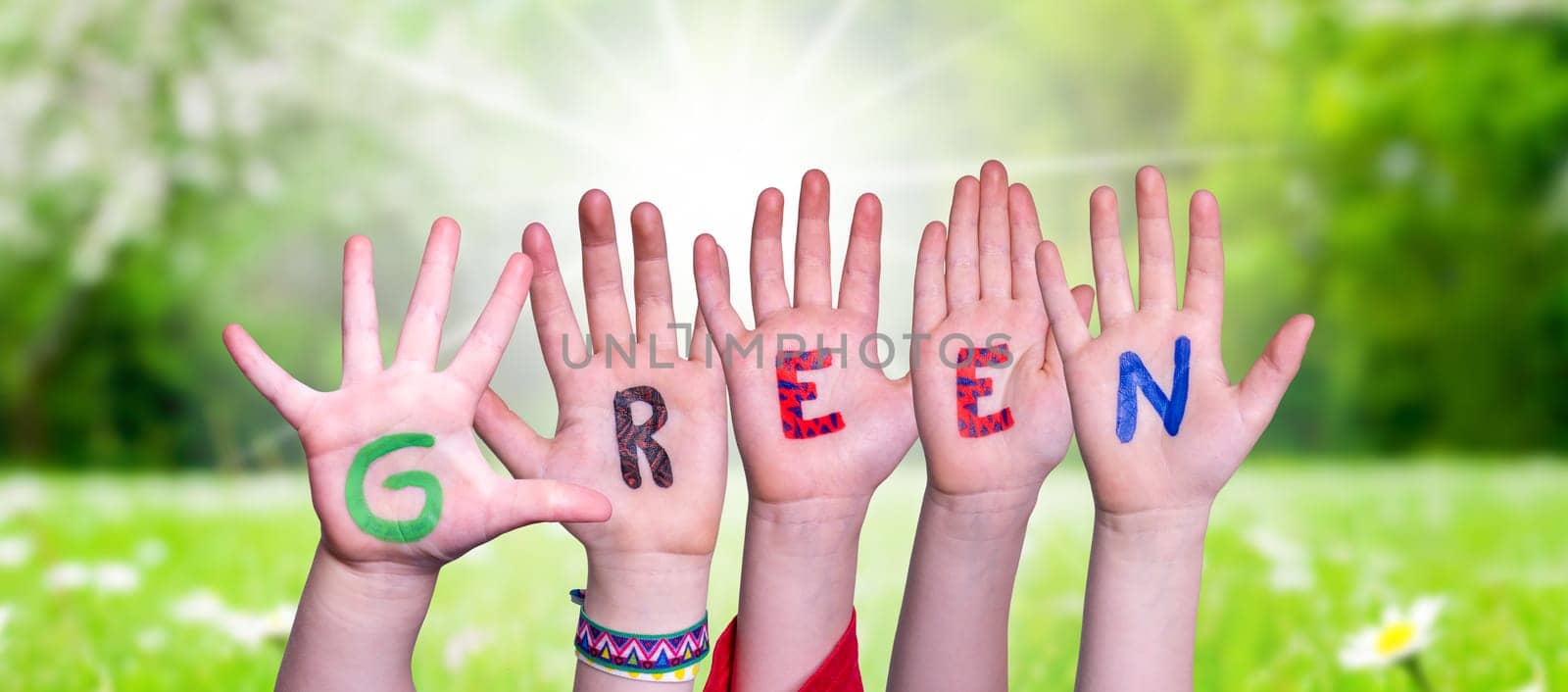 Children Hands Building Colorful English Word Green. Sunny Green Grass Meadow As Background.