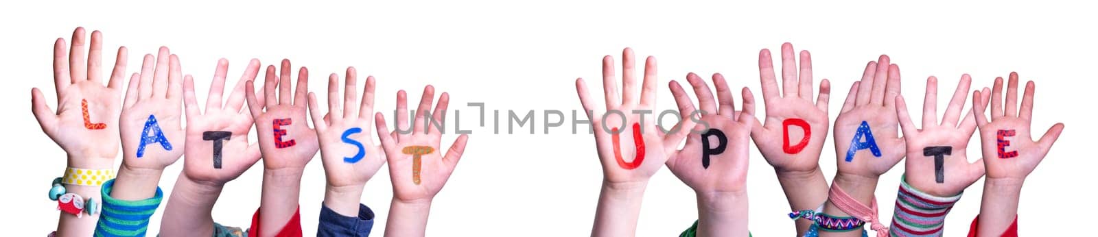 Children Hands Building Colorful English Word Latest Update. Isolated White Background.